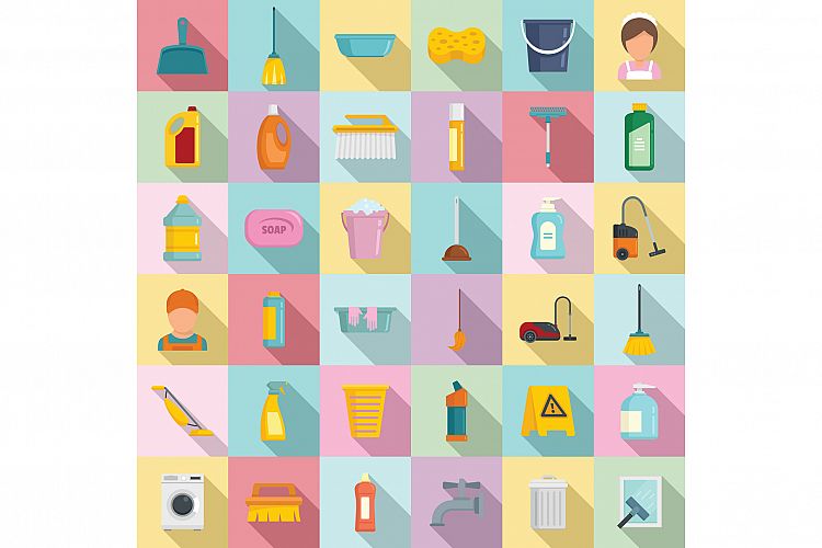 Cleaning services icons set, flat style