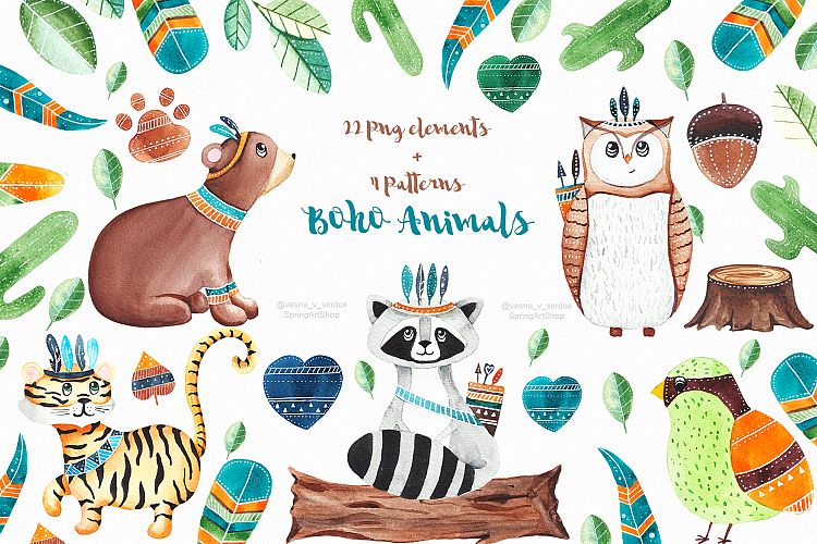 Summer Boho animals clipartpat and patterns design