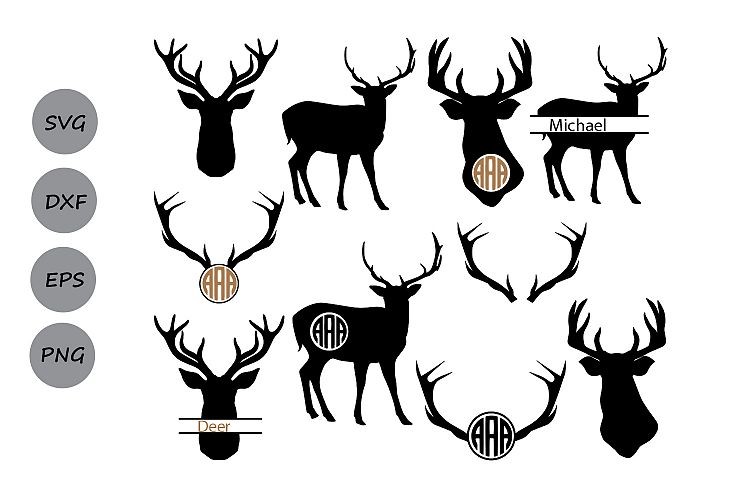 Deer Silhouettes SVG, Deer SVG, Deer SVG Cutting Files, Deer Monogram Svg, Antler Svg, Dear Head Svg, Monogram Svg Frames, Deer Dxf, Eps.