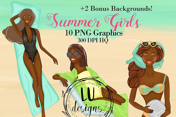 African American Summer Girls Clipart, Girl Illustrations