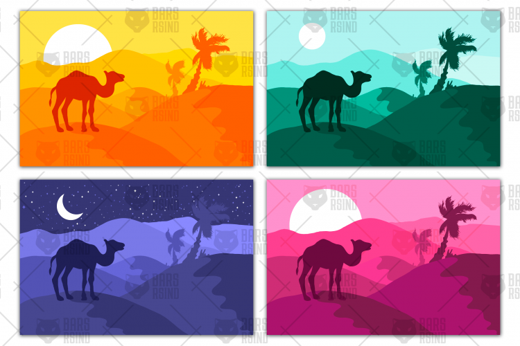 Sand desert panorama with palms and camel