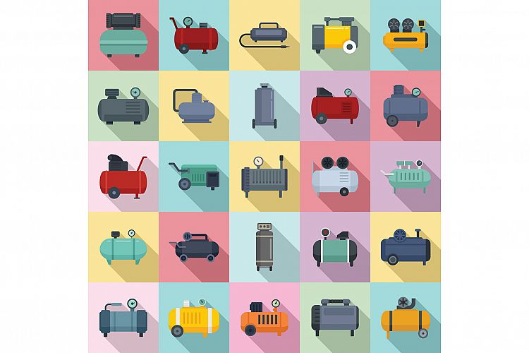 Air compressor icons set, flat style example image 1