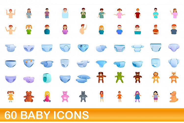 60 baby icons set, cartoon style