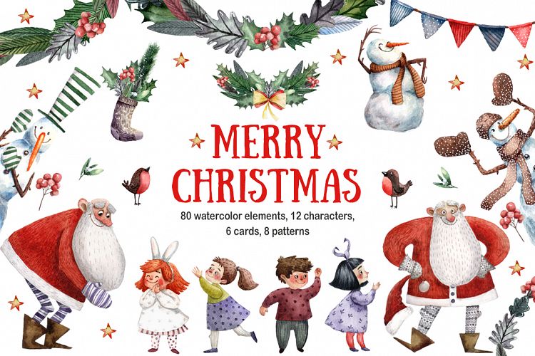Merry Christmas - Watercolor Clip Art Set