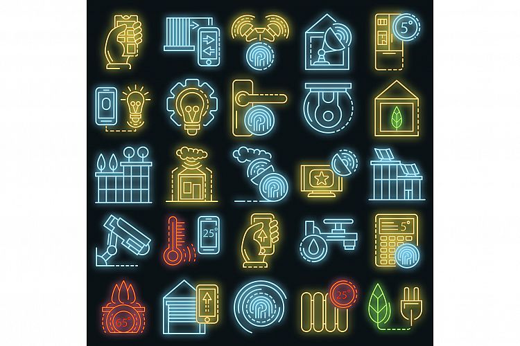 Intelligent building system icon set vector neon example image 1