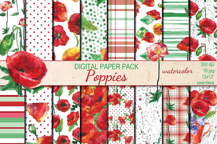 Watercolor Poppies seamless digital paper pack