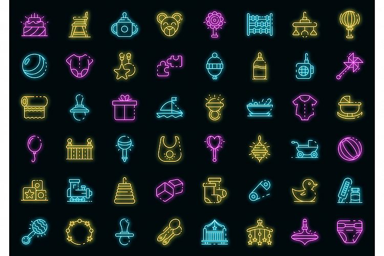 Baby items icons set vector neon example image 1