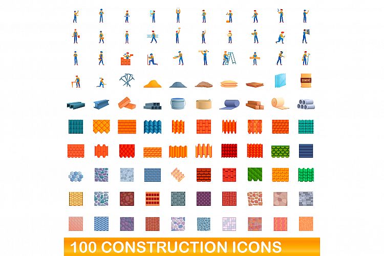 100 construction icons set, cartoon style example image 1