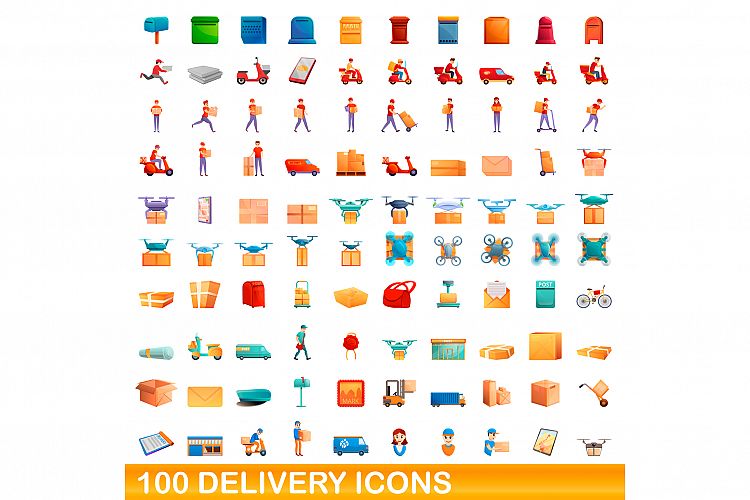 100 delivery icons set, cartoon style example image 1
