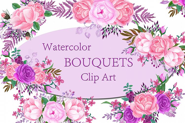 Pink Watercolor bouquets clip art