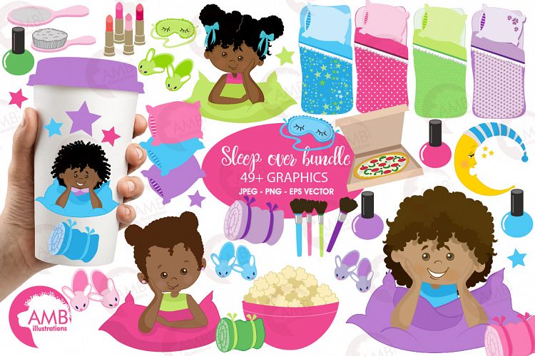 Slumber party, Pyjama Party clipart, African American girls MEGA Bundle, graphics AMB-2336