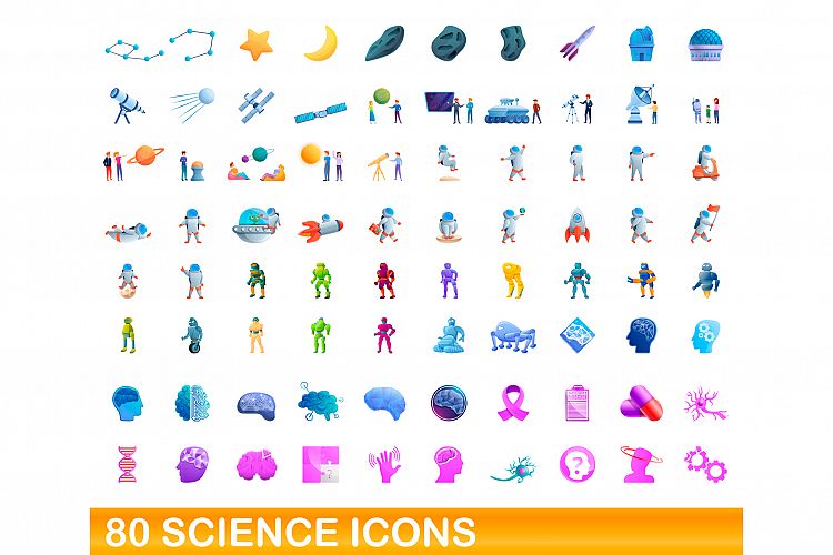 80 science icons set, cartoon style example image 1