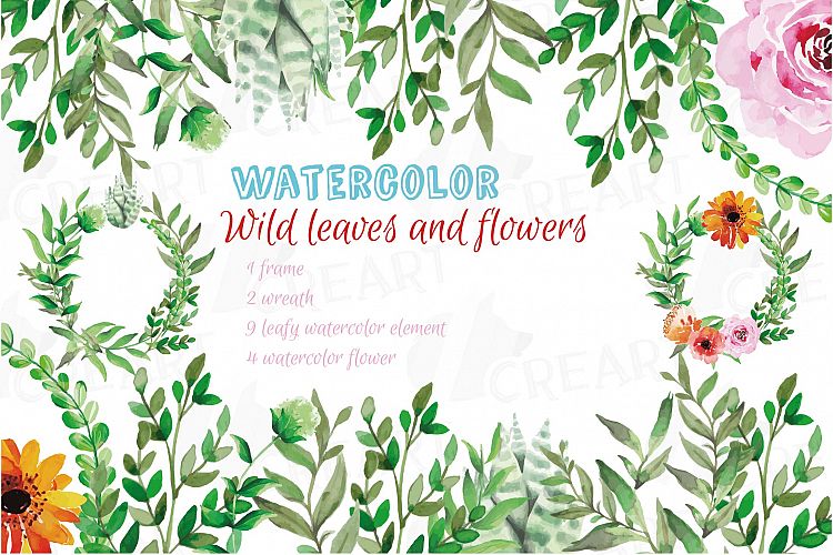 Wild leaves and flowers watercolor clip art pack