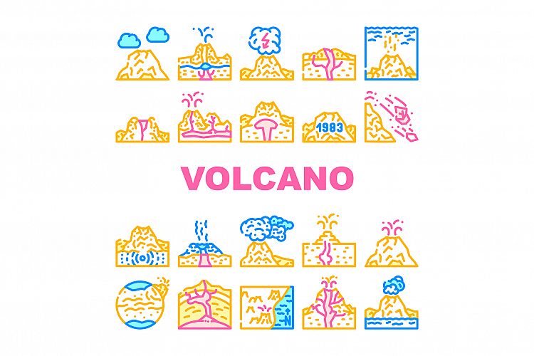 Volcano Lava Eruption Collection Icons Set Vector