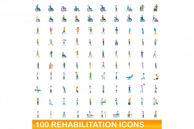 100 rehabilitation icons set, cartoon style