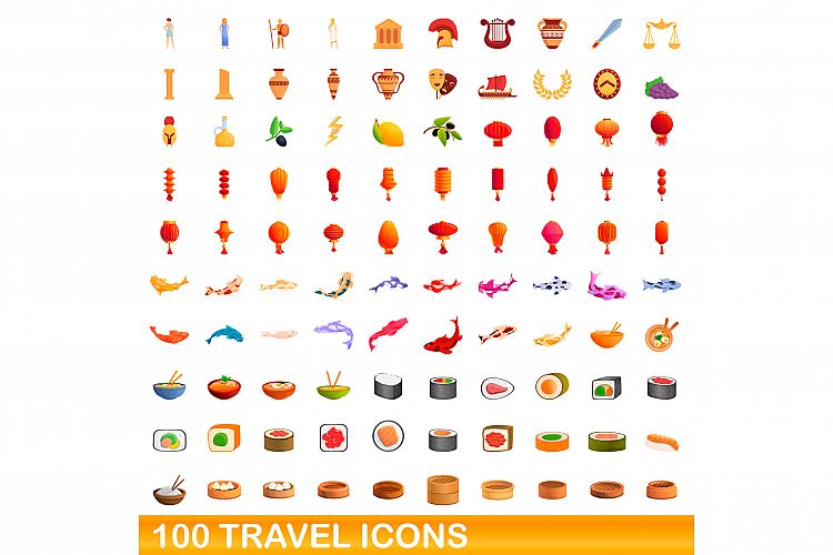 100 travel icons set, cartoon style