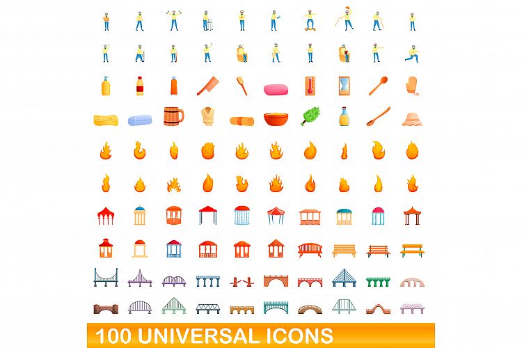 100 universal icons set, cartoon style example image 1