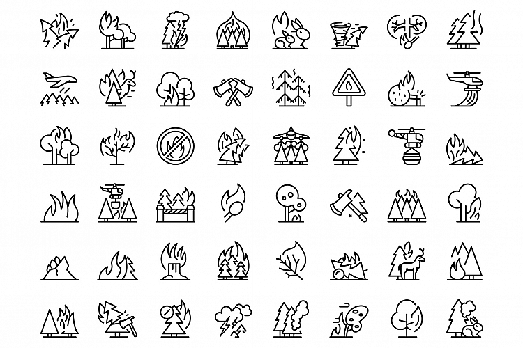 Burning forest icons set, outline style