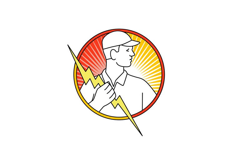 Electrician Holding Lightning Bolt Circle Monoline