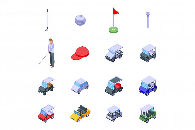 Golf cart icons set, isometric style example image 1