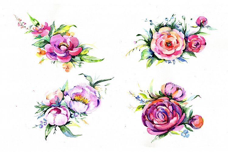 Elegant bouquet pink flower PNG watercolor set