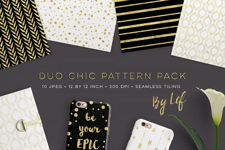 Digital Paper Pack Black White Gold - seamless patterns