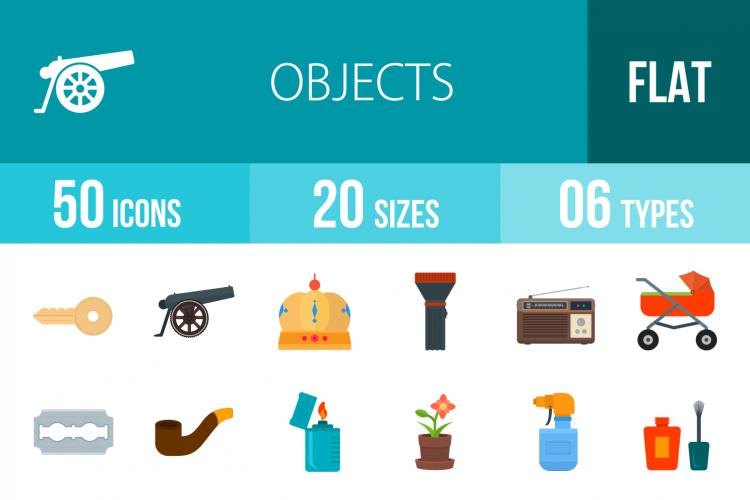 50 Objects Flat Multicolor Icons