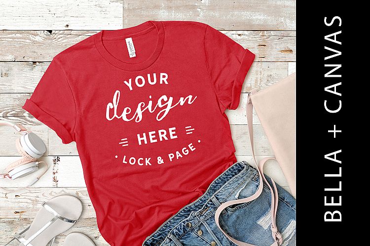 Bella Canvas 3001 Red T-Shirt Mockup Womens Flat Lay