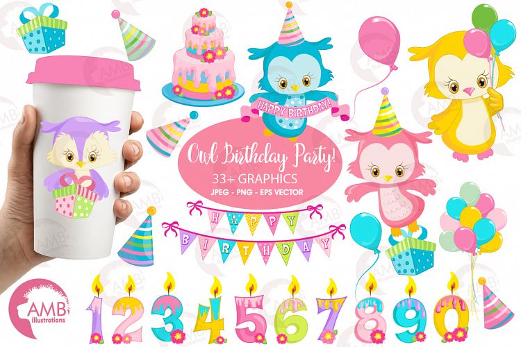 Owl Birthday Surprise clipart, graphics, illustrations AMB-1186