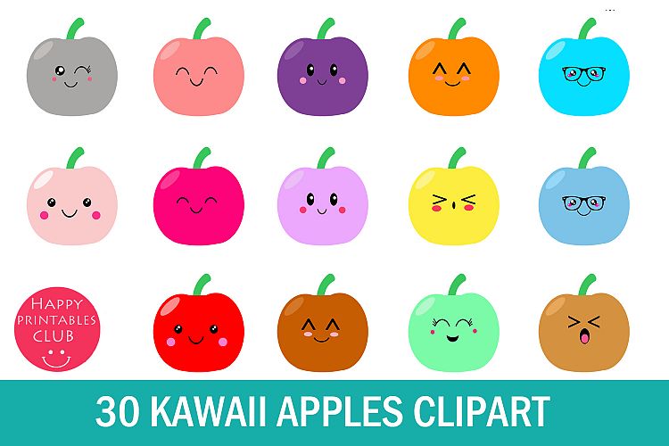 30 Kawaii Apples Clipart- Cute Apples Clipart- Apple Clipart