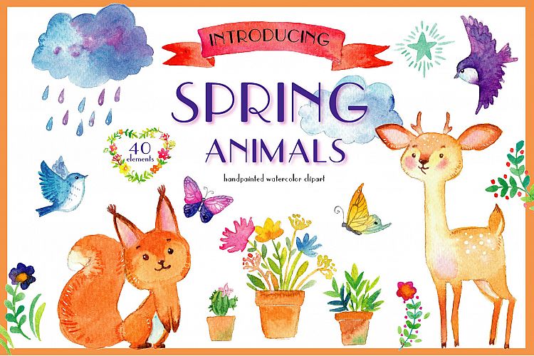 Spring animals. Deers, birds, bear, squirrel etc