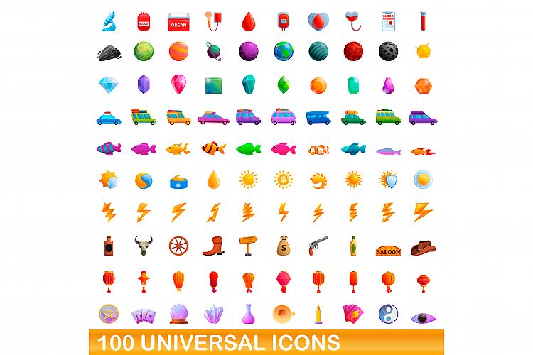 100 universal icons set, cartoon style example image 1