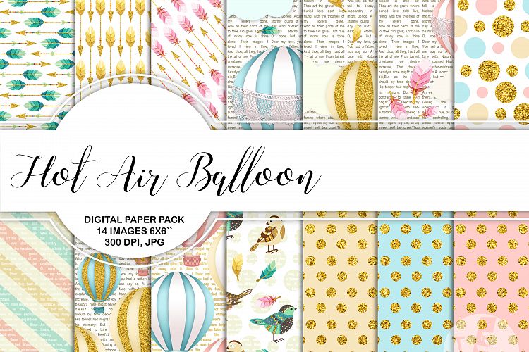 Hot Air Balloons Digital Paper Pack Printable Gold Glitter Bird Feathers Arrows Pink Blue Cream Baby Boy Girl 6x6