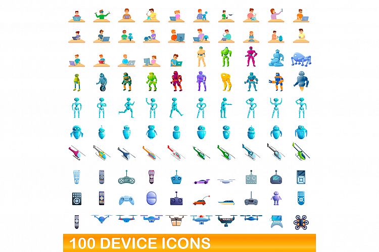 100 device icons set, cartoon style