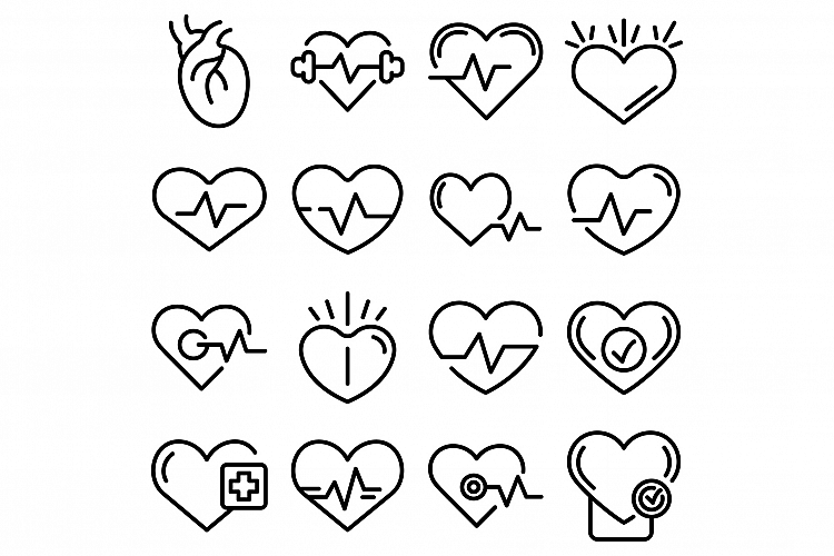Healthy heart icons set, outline style
