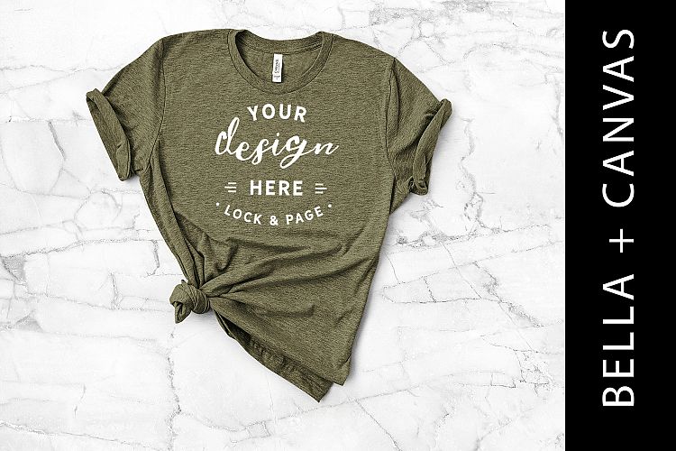 Heather Olive Mockup Bella Canvas 3001 T-Shirt Flat Lay