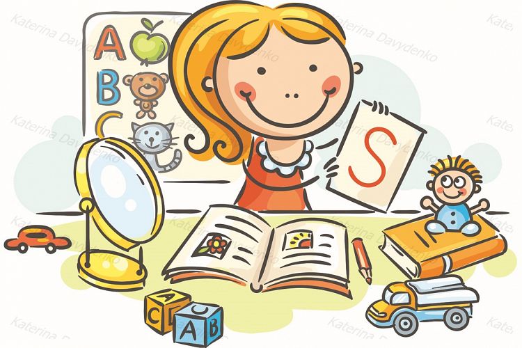 A kids speech therapist with toys, books, letters, mirror