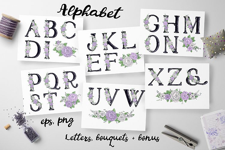 Peonies  – flowers alphabet and wreath