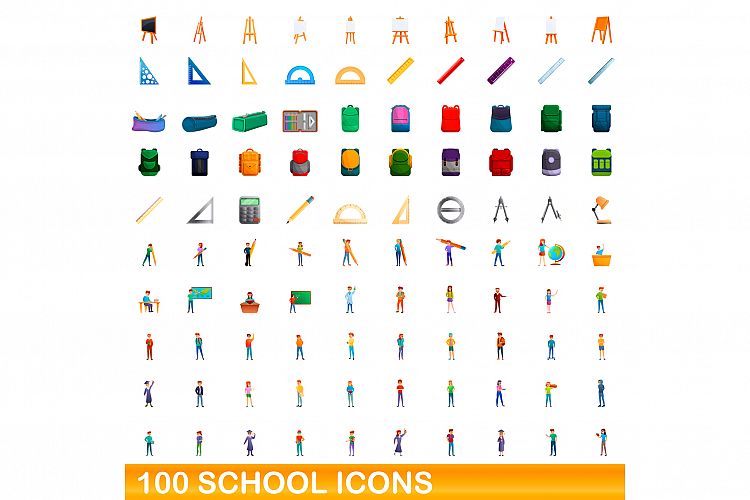 100 school icons set, cartoon style example image 1