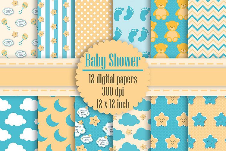 12 Teal and Yellow Baby Shower Digital Papers, Kid Papers