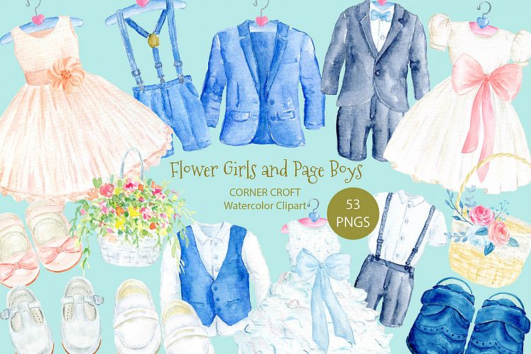 Watercolor clipart of flower girl and page boy outfits