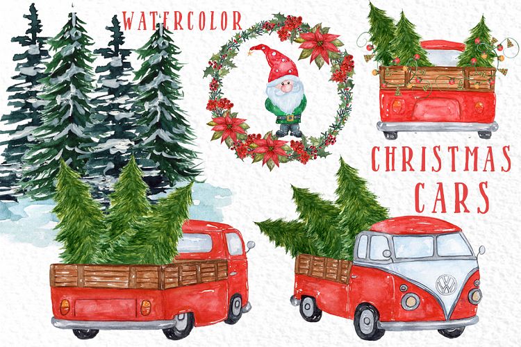 Watercolor Christmas Cars clipart