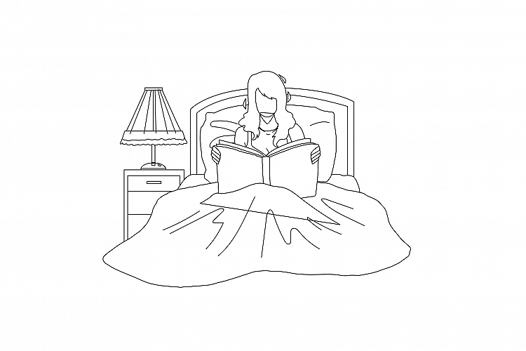 Woman Read Book In Bedroom Before Bedtime Vector example image 1