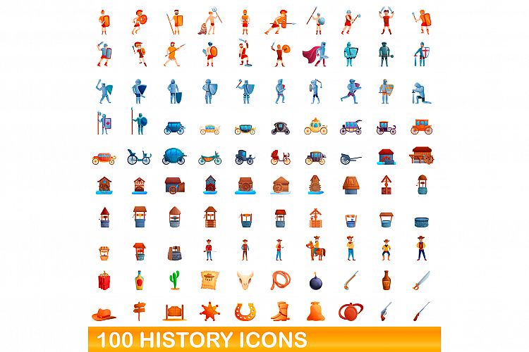 100 history icons set, cartoon style example image 1