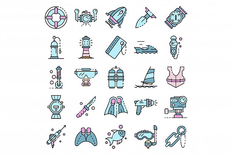 Snorkeling equipment icons set line color vector example image 1