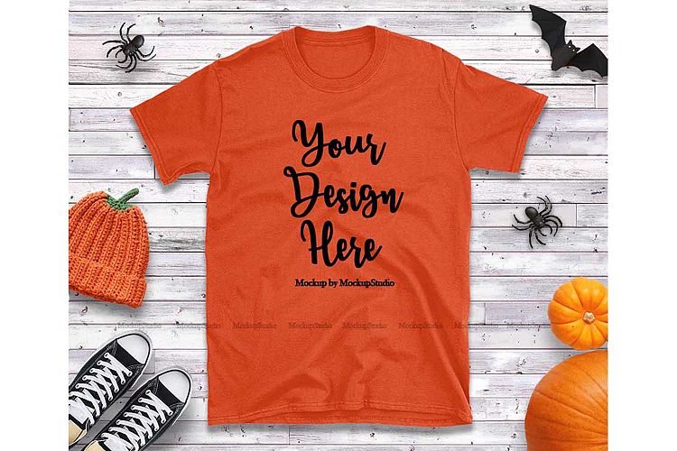 Halloween Orange Gildan 64000 Tshirt Mock Up Flat Lay