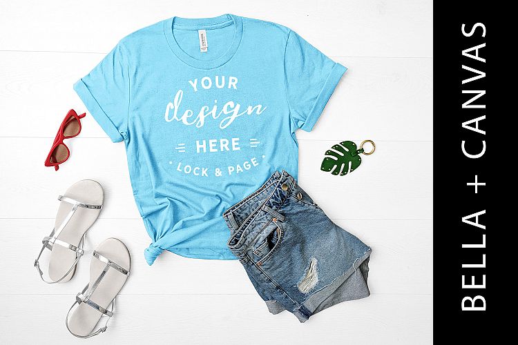Aqua Bella Canvas 3001 T Shirt Mockup Fashion Flat Lay