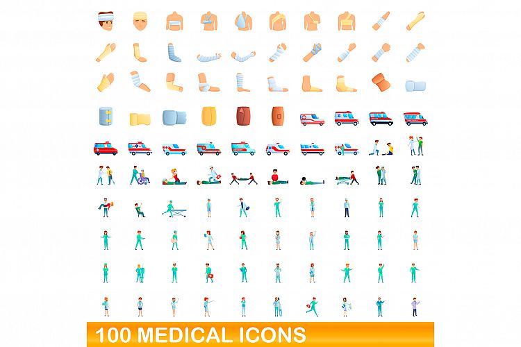 100 medical icons set, cartoon style example image 1