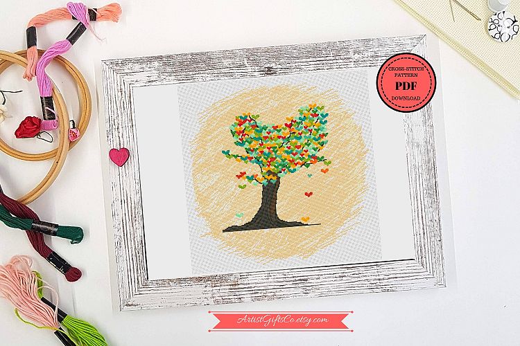 Cross stitch Tree of love with heart leaf pattern PDF