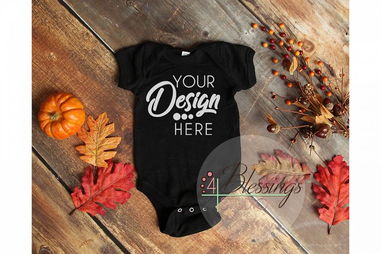 Baby Shirt Mockup Black Onesie bodysuit Fall Flat Lay